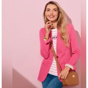 Talbots Easy Knit Blazer Pink Stretch Cotton Twill Polka Dot Lined Jacket Size 6